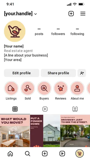 Illustrative Instagram profile with placeholder name, handle and bio, using the Content Club highlight covers