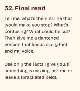 Excerpt from prompt 32, Final read, with its guardrail to use only supplied facts and ask about missing details