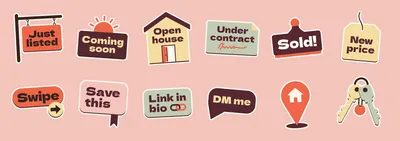 The 12 stickers in the original pack: Just listed, Coming soon, Open house, Under contract, Sold!, New price, Swipe, Save this, Link in bio, DM me, a map pin and house keys
