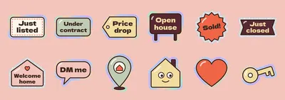 The 12 stickers in the vinyl pack: Just listed, Under contract, Price drop, Open house, Sold!, Just closed, Welcome home, DM me, a map pin, a smiling house, a heart and a key