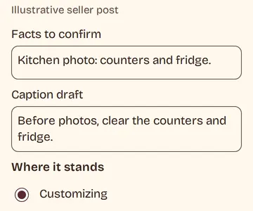 Illustrative seller post in the real member form: facts to confirm, a caption draft about clearing counters and the fridge, and the selected Customizing stage