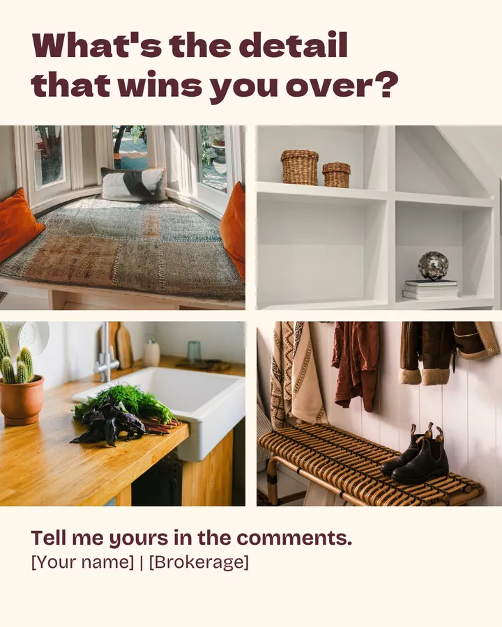 What's the detail that wins you over? Four photos: a bay window seat, white built-in shelves, a deep apron-front sink and a rattan mudroom bench. Tell me yours in the comments. [Your name] | [Brokerage].