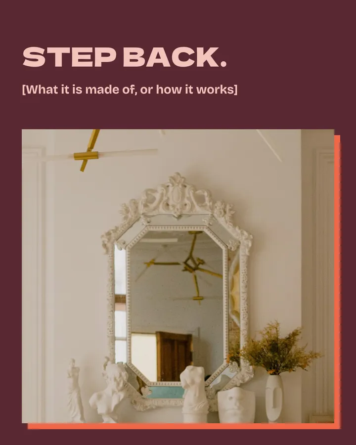 Step back. The view widens to the whole carved mirror above a white mantel set with small plaster sculptures, a white vase and a sprig of dried flowers. A field asks what the feature is made of or how it works.