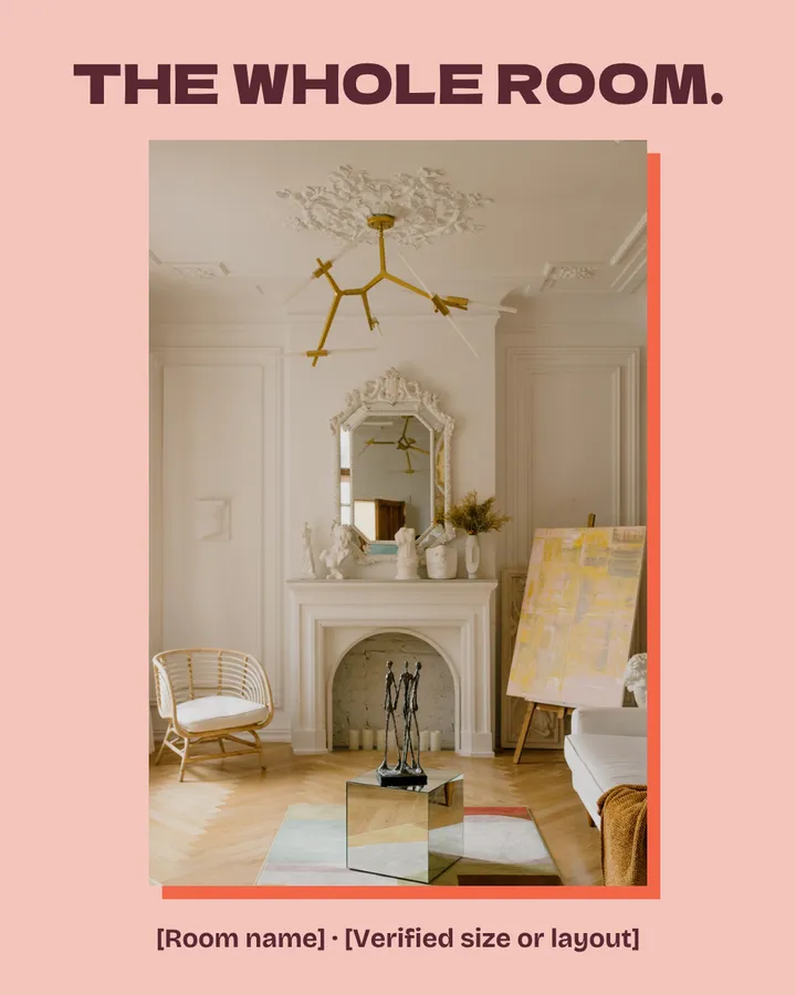 The whole room. The uncropped photo shows the living room from the plaster ceiling rose and gold light down to the herringbone wood floor: paneled walls, the mirror over the fireplace, a rattan chair, the easel painting, a mirrored side table on a pastel rug and the arm of a white sofa. A field names the room and a verified size or layout fact.