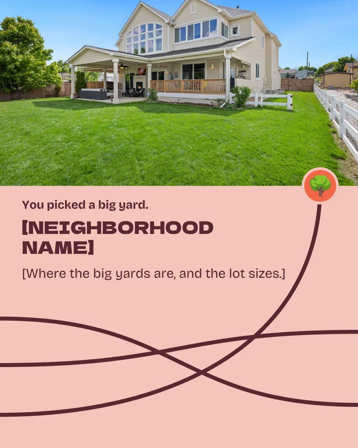 You picked a big yard. The yard line climbs to a two-story house with a wide green lawn and a white fence. [Neighborhood name]: [where the big yards are, and the lot sizes]. Two lines keep going.