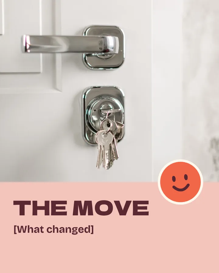 The move. [What changed]. A ring of keys hangs from the lock of a white door. The smiley sticker has a small, hopeful smile.