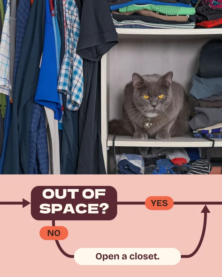 Out of space? A wardrobe stuffed with shirts and folded clothes, with a gray cat squeezed onto one of the shelves. The flowchart arrow comes in from the left. Yes goes straight on. No passes a note that says, open a closet, and rejoins the same arrow.