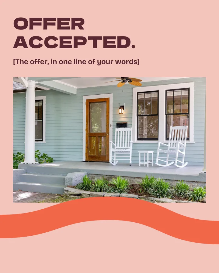 Offer accepted. [The offer, in one line of your words]. A front porch with two white rocking chairs and a wooden door. The red arm keeps stretching, arching up over the bottom of the photo.