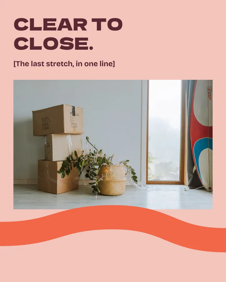 Clear to close. [The last stretch, in one line]. Moving boxes stacked beside a potted plant near a bright window. The arm rises again and runs off the right edge.