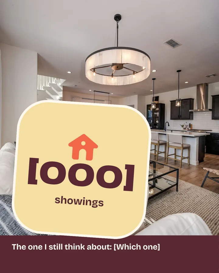 A bright open-plan living room that runs through to a kitchen under a round pendant light. A tilted square sticker with a house icon holds a placeholder number of showings this year. The dark strip at the bottom reads "The one I still think about:" followed by a placeholder for the showing the agent remembers.