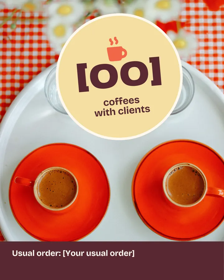 Top-down view of two small coffees in red cups on red saucers, side by side on a white tray over a red-and-white checked tablecloth, with blurred daisies at the top. A round sticker with a coffee-cup icon holds a placeholder number of coffees with clients. The strip below reads "Usual order:" followed by a placeholder for the agent's usual order.