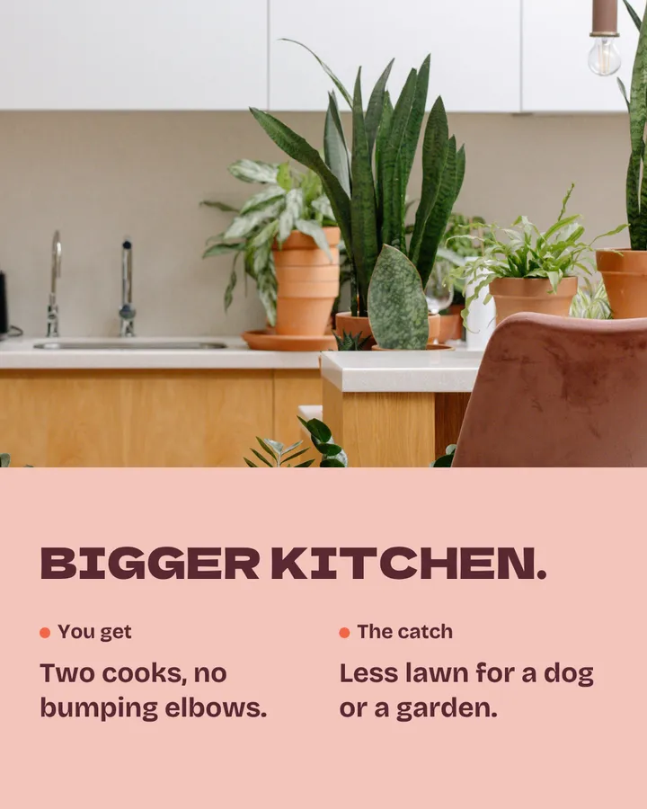 Bigger kitchen. A bright kitchen with potted plants along the counter and a pink velvet stool. You get two cooks, no bumping elbows. The catch: less lawn for a dog or a garden.