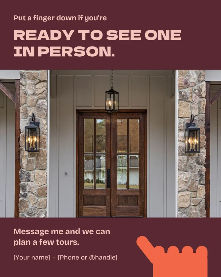 Put a finger down if you're ready to see one in person. A front walkway leads to double wooden doors framed in stone. All four red fingers are down and the thumb is up. Message me and we can plan a few tours. Your name and phone or handle.