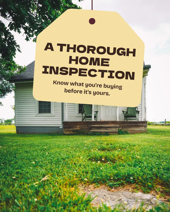 A thorough home inspection. Know what you're buying before it's yours. A butter-yellow tag hangs over a white wooden cottage with a front porch, green chairs and a grassy yard. The photograph is illustrative.