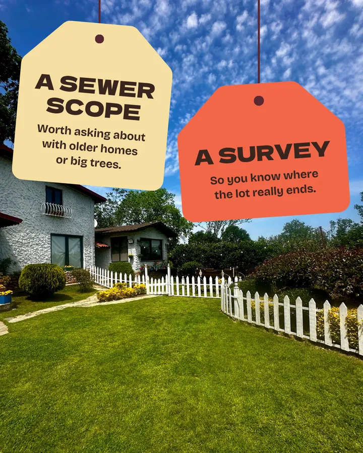 A sewer scope: worth asking about with older homes or big trees. A survey: so you know where the lot really ends. Two tags hang over a sunny yard with a white picket fence, a lawn and a white stucco house.