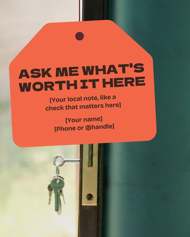 Ask me what's worth it here. A large tomato-red tag holds a local note, your name and your phone or handle. Below it, a ring of keys hangs from the lock of an open teal door.